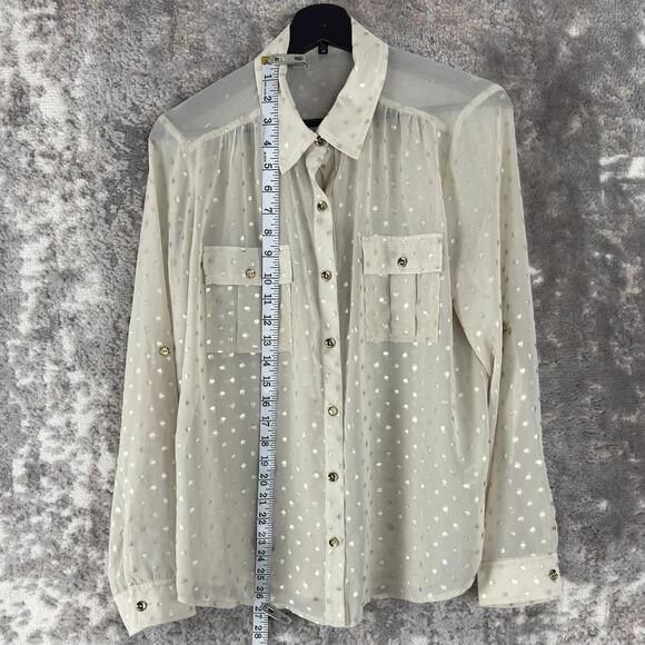 Monteau Size M Polka Dot Semi Sheer Casual Button Top Beige Long Sleeve Collar - Picture 1 of 9